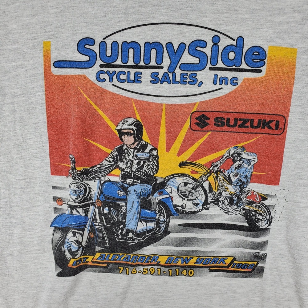 SunnySide‎ Cycle Suzuki T-Shirt Mens L Gray VTG Graphic Tee L Motocross Retro